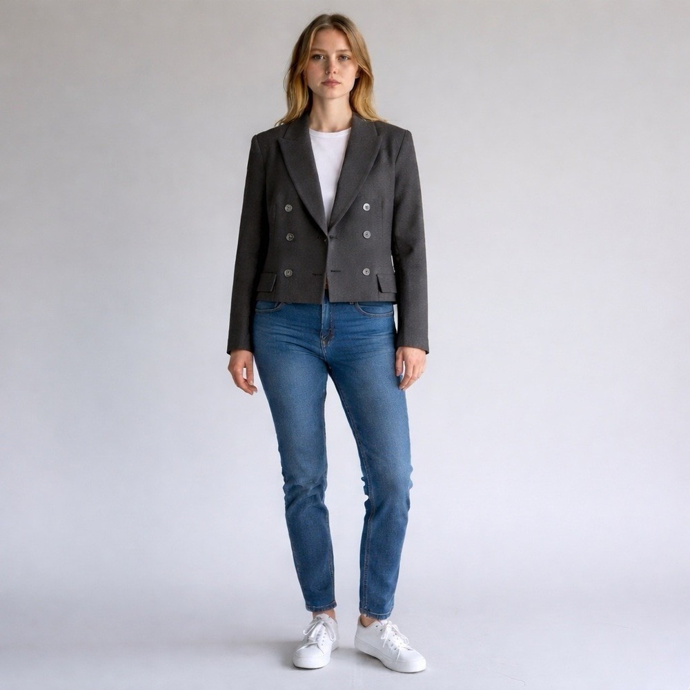 Vintage Cropped Black 100% Wool Blazer 14P Double Breasted Jacket Minimalist